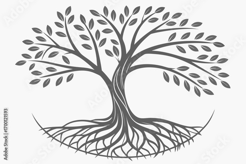 Stylized tree of life with visible roots and leaves