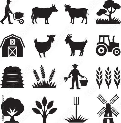 Farming Icons Silhouette Farmer Animals Barn Tractor Hay Wheat Pitchfork vector illustration