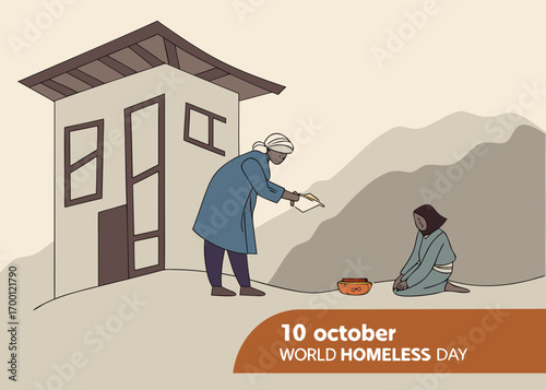 World Homeless Day illustration of giving aid to a person near a small dwelling October donation