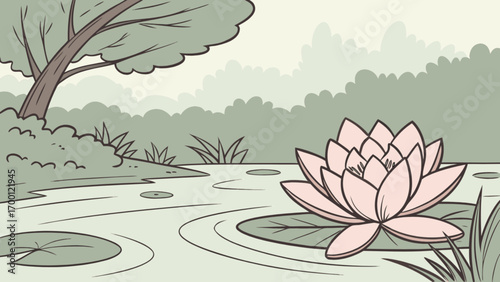 Cartoon illustration of a lily pad in a pond with trees and foliage background art