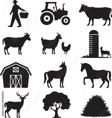 Farm Icons Silhouette Farmer Animals Barn Tractor Silo Horse Deer Tree vector illustration