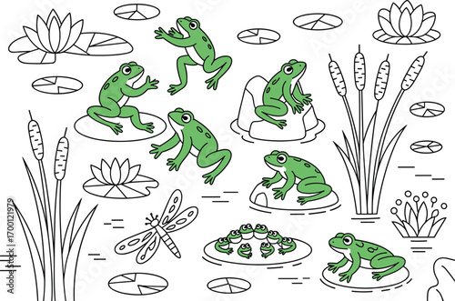 Cartoon frogs and pond elements with lily pads and cattails water nature