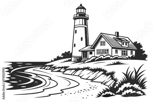 Coastal lighthouse and dwelling on a grassy shoreline