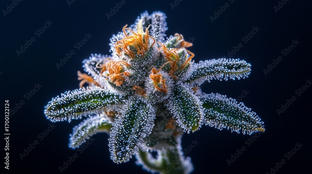 Fototapeta premium Bud bursting with frosty trichomes against dark backdrop