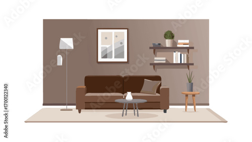 Modern living room interior design with brown sofa and minimalist decor illustration