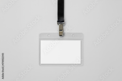 Blank ID badge on gray background ideal for mockups, events, and branding.