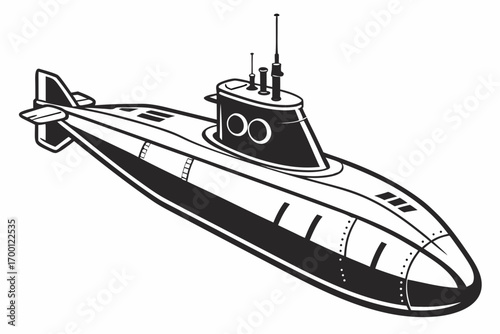 Stylized black and white illustration of a submarine