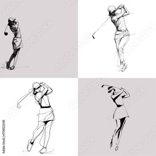 Silhouettes of women golfers captured in dynamic poses as they swing their clubs on a simple background. Each figure portrays grace and movement in the sport of golf.