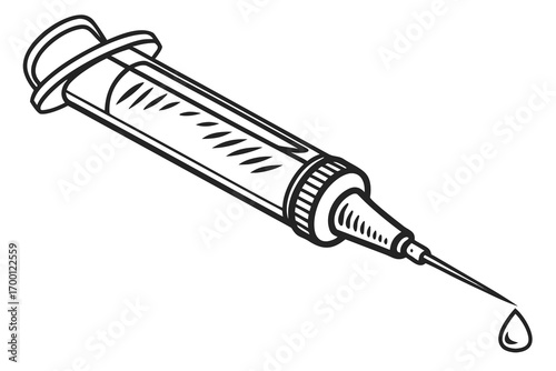 Black and white illustration of a syringe with a drop of liquid