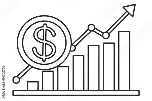 Dollar coin and upward trending bar graph with arrow icon