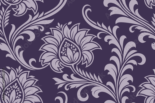 Seamless damask pattern with floral motifs in deep purple and light grey vector