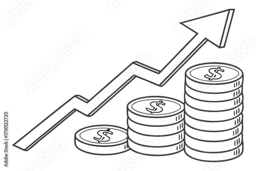 Drawn arrow graph showing increasing stacked coins