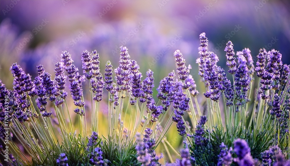 Fototapeta premium Delicate Lavender Blossoms Create A Stunning Display Of Purple Hues Intertwining With Vibrant Green Stems Under Soft Sunlight Evoking A Peaceful Ambiance And Connection To Nature Generative Ai
