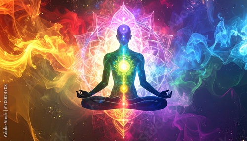 Spiritual figure meditating in vibrant aura