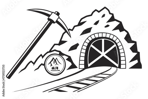 Mining tunnel entrance with pickaxe and railroad tracks