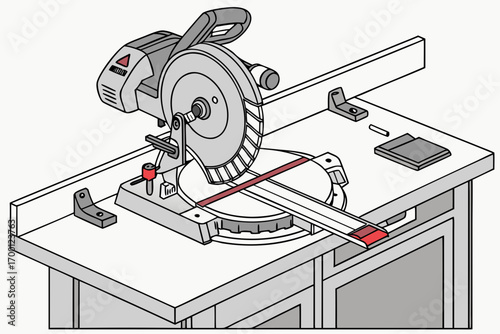 Miter saw with woodworking accessories on a table