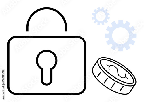 Padlock symbol with gears and tilted coin emphasizes security, technology, finance, and innovation. Ideal for cybersecurity, financial protection, fintech, privacy, risk management digital economy