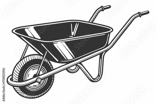 Black and white illustration of a garden wheelbarrow