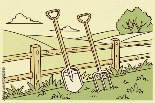 Gardening tools resting by a wooden fence in a pastoral landscape