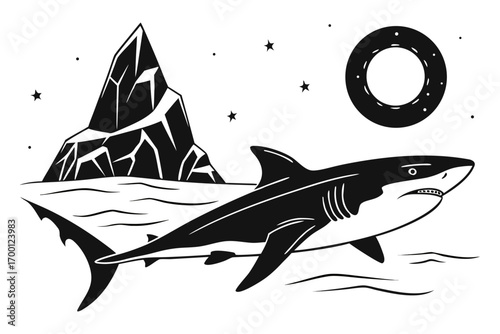 Stylized shark swims past iceberg under a ringed moon