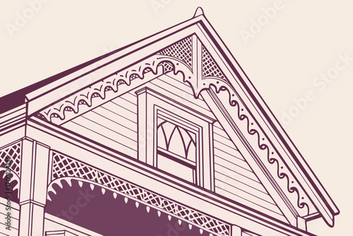 Victorian house gable and porch detail line drawing
