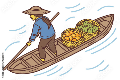 Person in a boat with fruit baskets navigating on water
