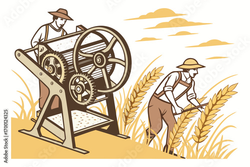 Farmers harvesting wheat and operating a threshing machine