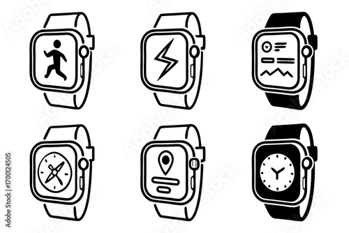 Smartwatch icons representing fitness navigation and time