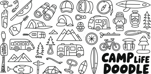 Doodle Icons of Camping and Outdoor Adventure on White Background Keywords: camping, outdoor, adventure, doodle, icon