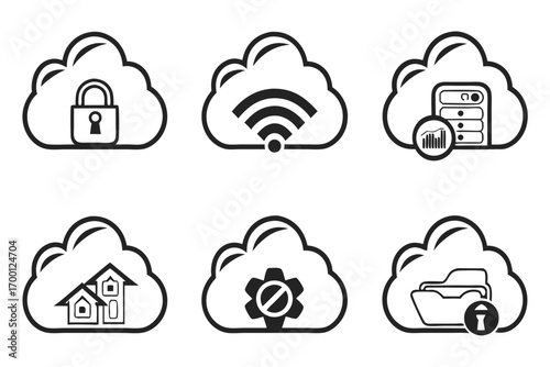 Cloud computing icons representing security connectivity data and home services