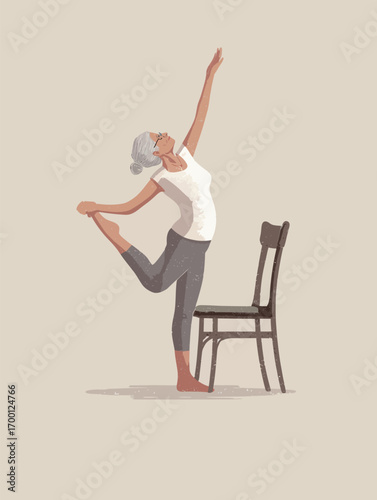 A senior woman is engaged in a yoga sequence using a chair for support. She demonstrates a pose that enhances flexibility, strength, and balance.