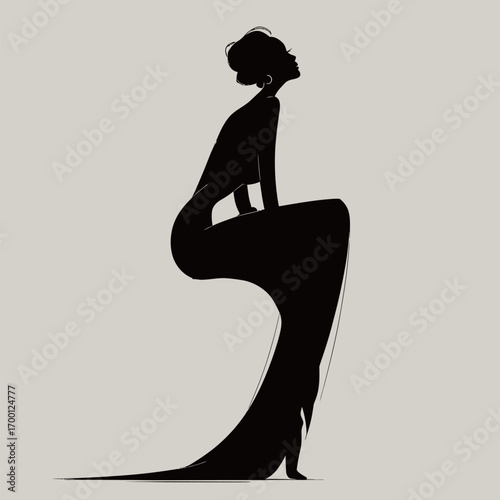 A graceful silhouette of a woman sits, showcasing a long flowing dress that emphasizes elegance and beauty.
