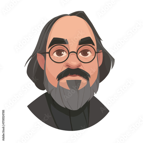A man with a long gray beard and glasses is portrayed with a contemplative expression. He has dark hair and wears a black outfit, suggesting intelligence and wisdom.