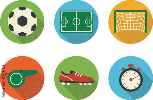 Flat Icons Representing Soccer Elements Including Ball Field Goal Whistle Shoe And Stopwatch football