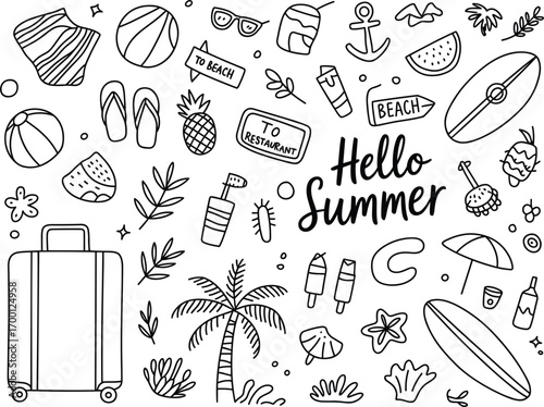 Hand-drawn doodle collection of summer vacation and beach items with text travel holiday