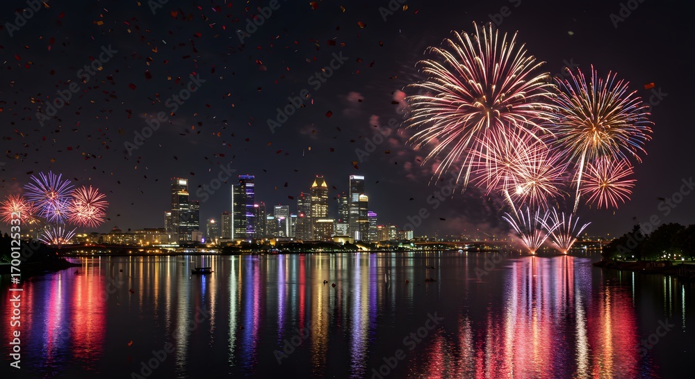 Fototapeta premium Spectacular Fireworks Exploding Over Modern City Skyline Reflected in Water at Night