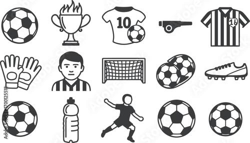 Soccer Football Icons and Graphics Set Keywords: soccer, football, sport, game, player, team, goal, net, ball, trophy, cup, award