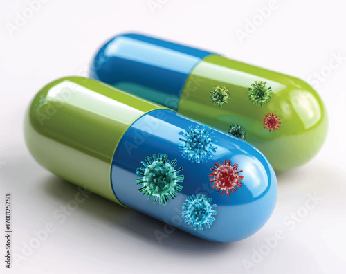 Two capsules containing viruses representing medication development and pharmaceutical research against infections and diseases related to pandemic outbreaks