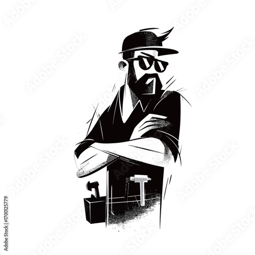 A skilled handyman stands with arms crossed, wearing sunglasses and a cap. His toolbelt is visible, reflecting his readiness for tasks and craftsmanship.