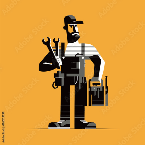 A skilled worker stands proudly with a wrench and toolbox, showcasing readiness to tackle any task. Bright yellow backdrop emphasizes his professionalism and dedication.