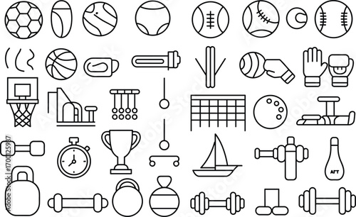 Sports equipment and game icons in a grid format Keywords: sports, equipment, game, icons, symbols, graphic, design, set