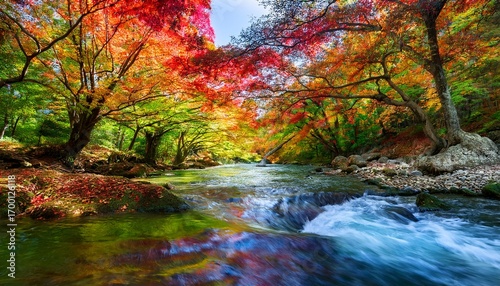 Colorful Abstract Forest With Flowing River Under A Vibrant Canopy Of Leaves During Daytime