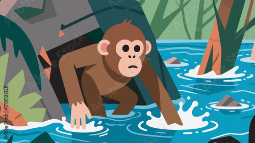 illustration of monkeys looking for a safe place during a flood vector design template