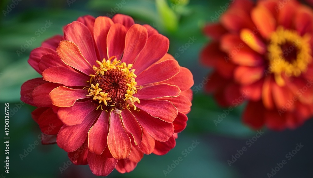 Obraz premium Close Up Of Red Zinnia Flowers With Selective Focus