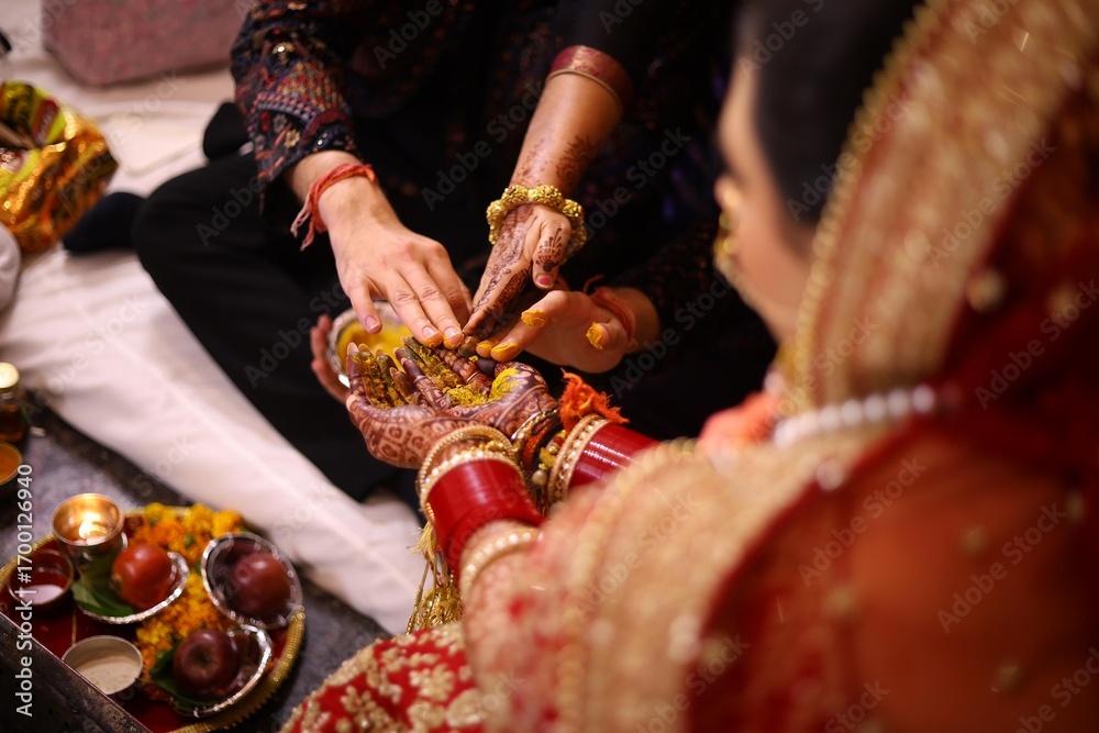 custom made wallpaper toronto digitalFamily Applying Turmeric to Bride’s Hands During Haldi Ceremony at Hindu Wedding