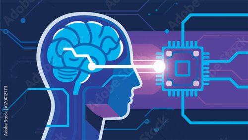 illustration of a human brain connected to a computer chip vector design template