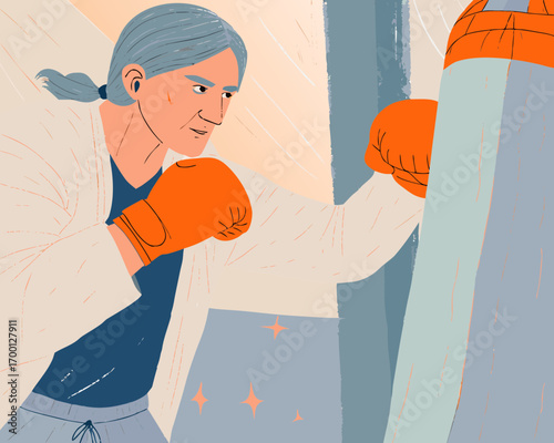 Illustration of a person boxing with a punching bag, symbolizing empowerment and resilience
