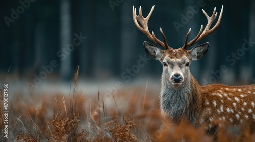 Majestic sika deer standing alert in a field of autumn foliage