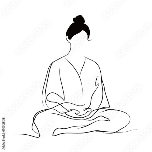 A figure in a seated pose demonstrates meditation, showcasing a minimalist line drawing style. The subject appears calm and focused in a serene environment.