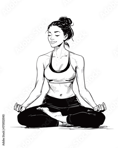 A young woman practices yoga in a relaxed indoor environment, focusing on mindfulness and deep breathing during early morning hours.